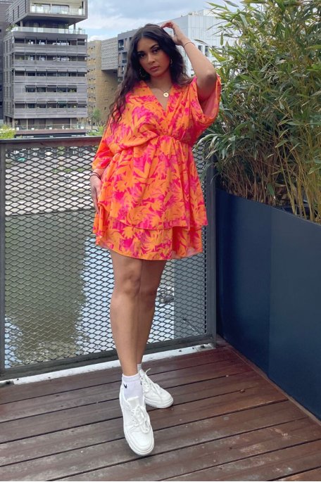 Short orange dress with flowers Cinelle Paris fashion women
