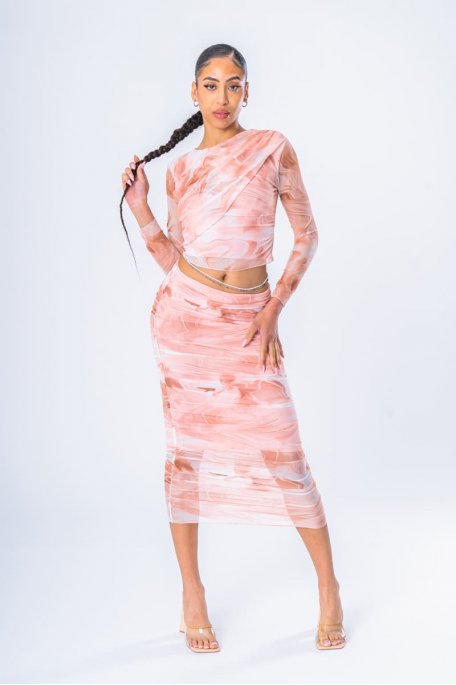 Beige tie-and-dye mesh gathered top skirt set