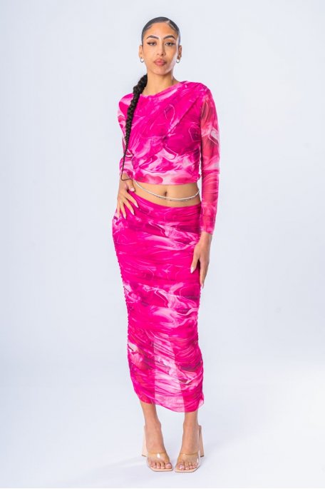 Pink lace draped top skirt set
