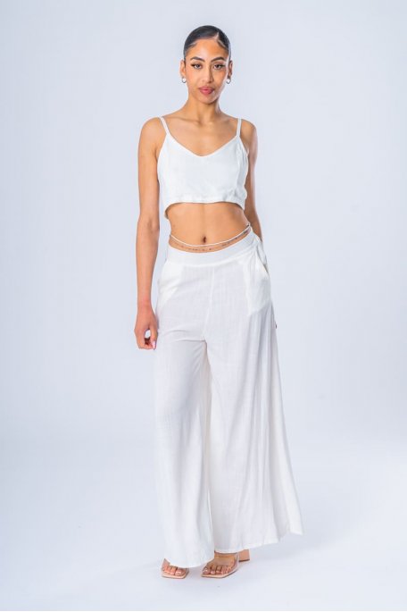 Ensemble crop top à nouer pantalon fluide blanc