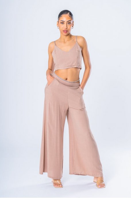 Ensemble crop top à nouer pantalon fluide beige