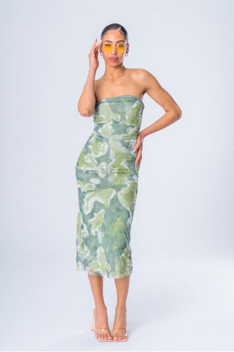 Robe longue fendue bustier mesh tie and dye vert