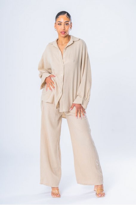 Beige cotton gauze oversize shirt and pants set