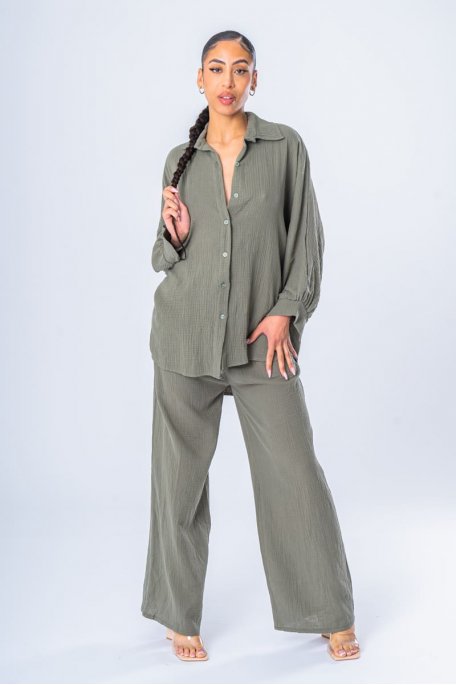 Ensemble oversize chemise et pantalon gaze de coton kaki