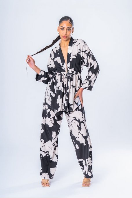 Black pattern kimono pants set