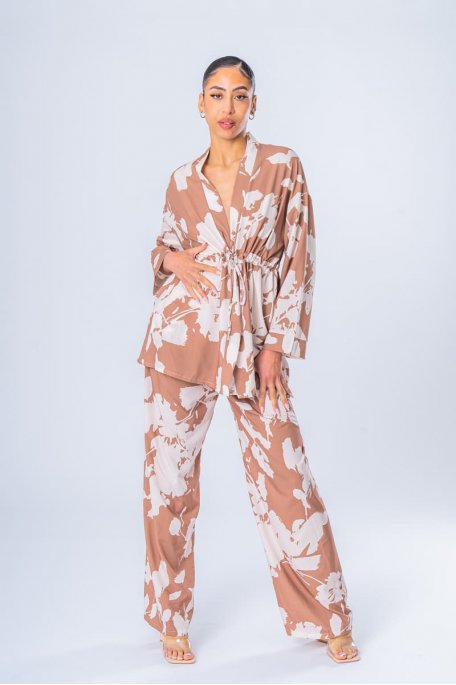 Ensemble kimono pantalon fluide motif beige