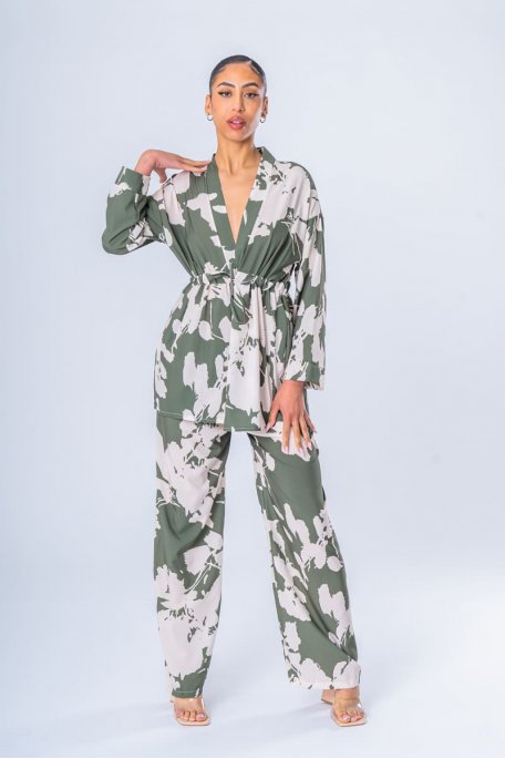 Khaki kimono pants set