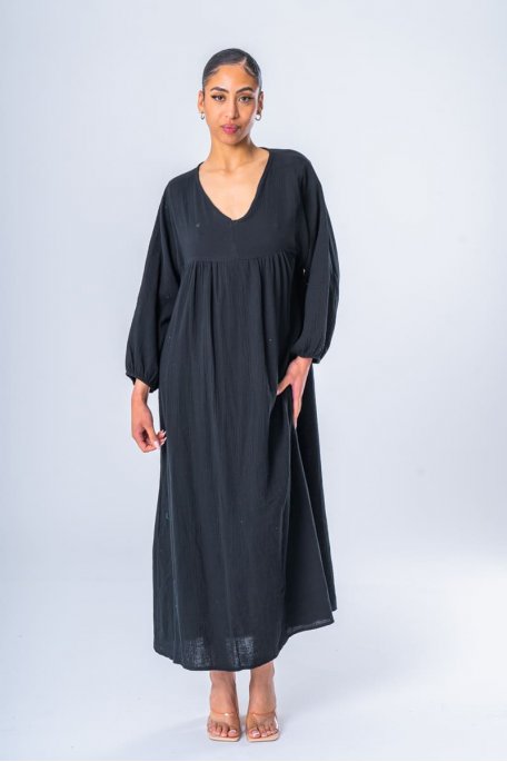 Robe longue fluide col V gaze de coton noir