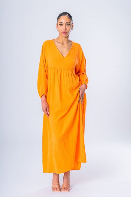 Robe longue fluide col V gaze de coton orange