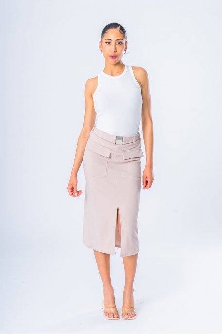 Beige belted midi skirt with slit
