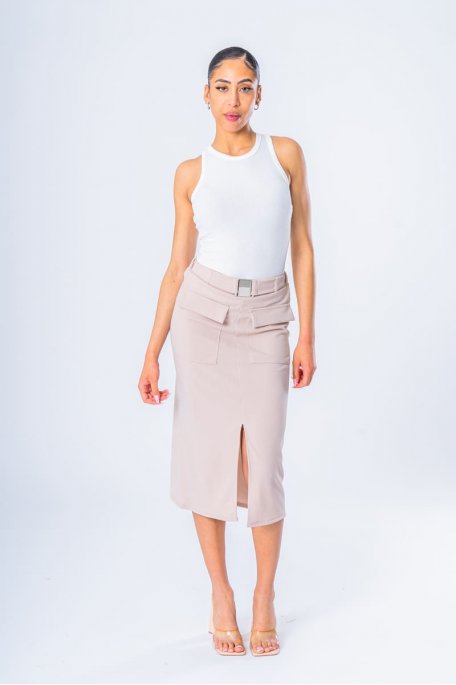 Jupe midi fendue ceinturée beige