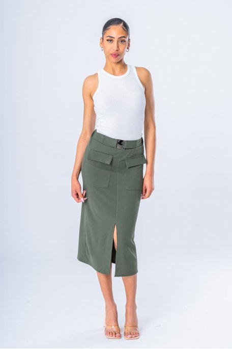Khaki belted midi skirt with slit
