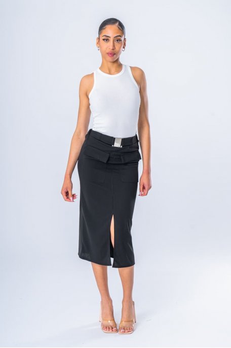 Jupe midi fendue ceinturée noir