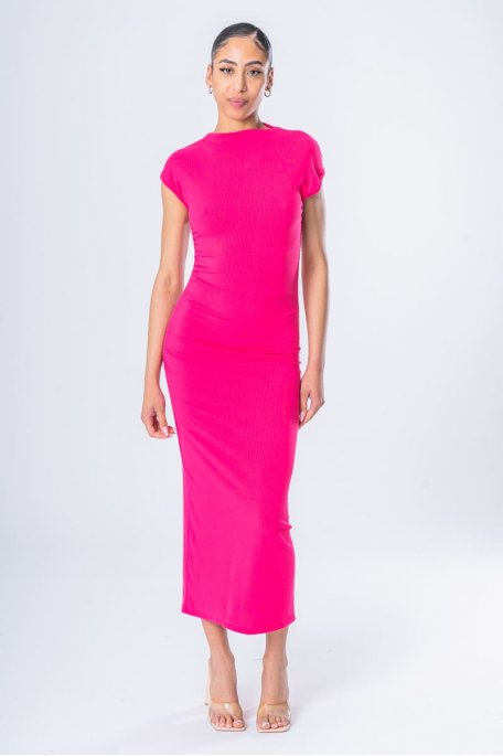 Gathered long ribbed dress in pink