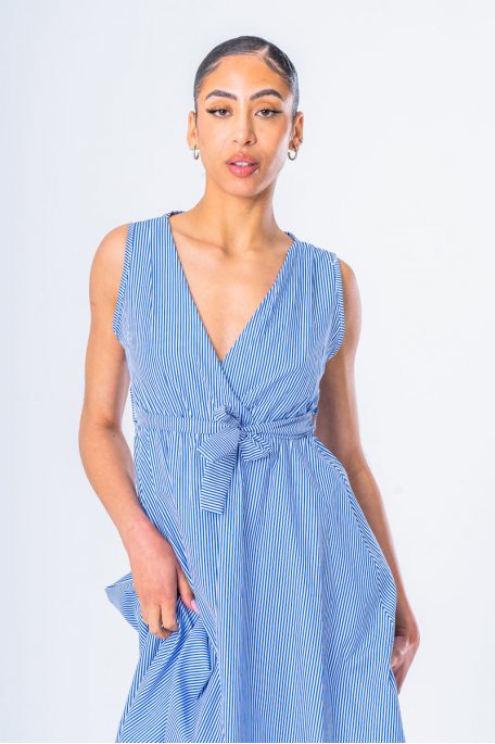 Blue belted striped dress