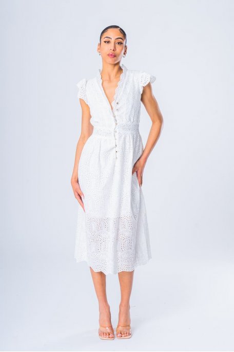 Langes besticktes Kleid mit Volants weiß