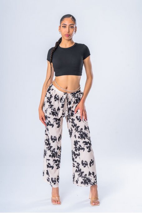 Pantalon large fluide fleuri beige