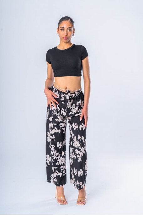 Black floral belted flare pants Cinelle Paris fashion women