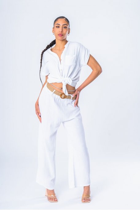 White belted cotton gauze pants