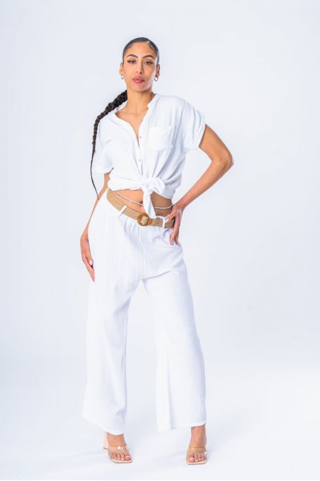 Pantalon gaze de coton ceinturé blanc