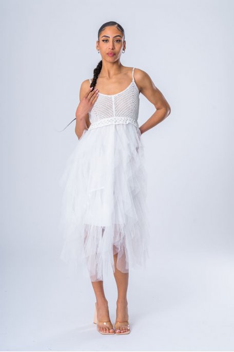 Robe longue bi-matière crochet tulle blanc