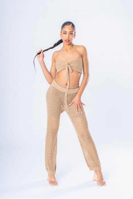 Ensemble top bustier pantalon grosse maille ajouré or