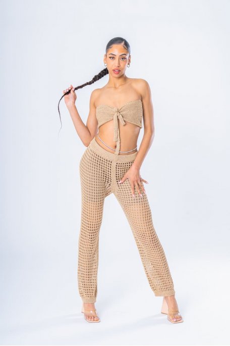 Bustier top and trouser set in gold openwork mesh