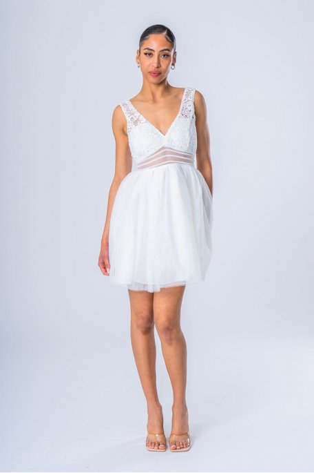 Robe courte bi-matière tulle et dentelle blanc