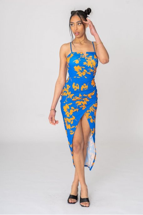 Blue strapless split leaf dress