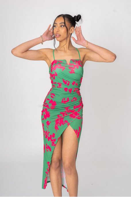 Green split leaf strapless dress