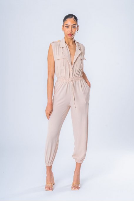 Ärmelloser Jumpsuit mit Knöpfen Offiziere beige