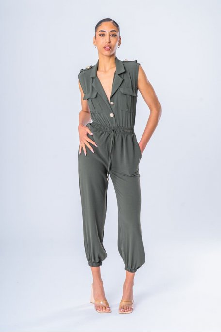 Sleeveless jumpsuit khaki officers buttons