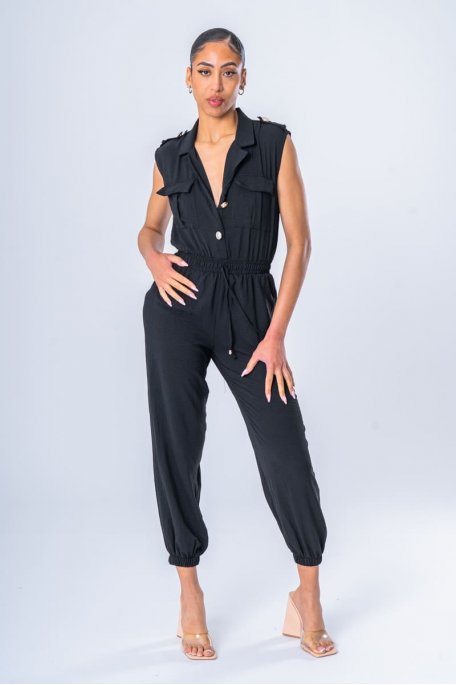 Ärmelloser Jumpsuit mit Knöpfen Offiziere schwarz