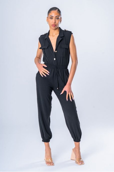 Sleeveless jumpsuit black officers buttons