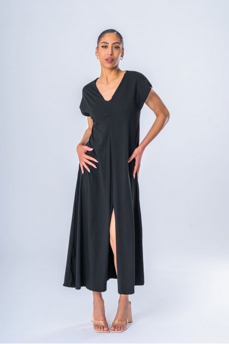 Robe longue tee-shirt fendue col V noir