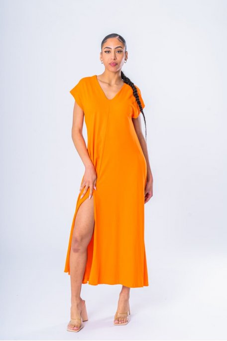 Robe longue tee-shirt fendue col V orange