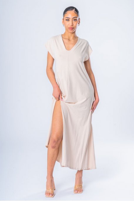 Beige V-neck slit tee long dress