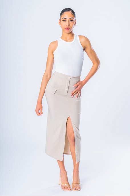 Beige long slit skirt with faux pockets