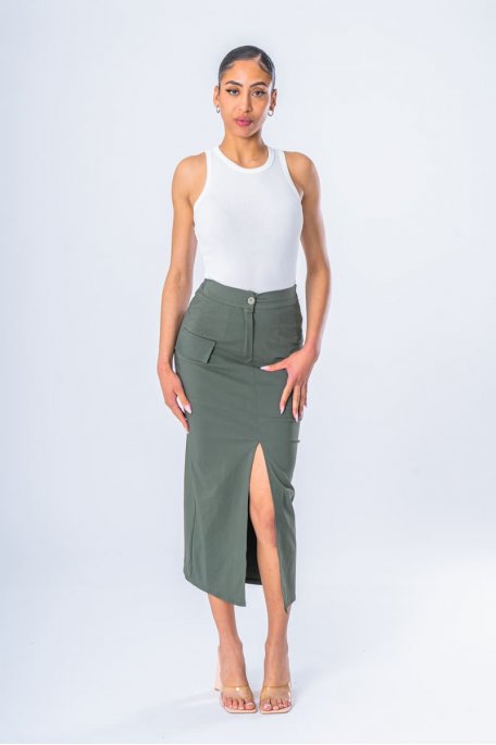 Jupe longue fendue fausses poches kaki