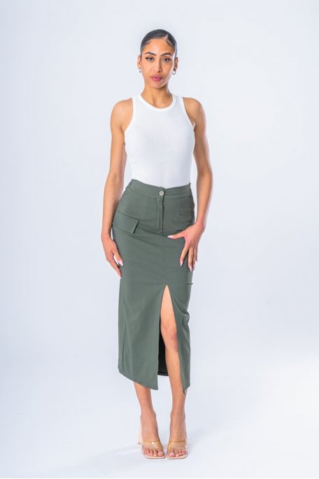Khaki long slit skirt with faux pockets