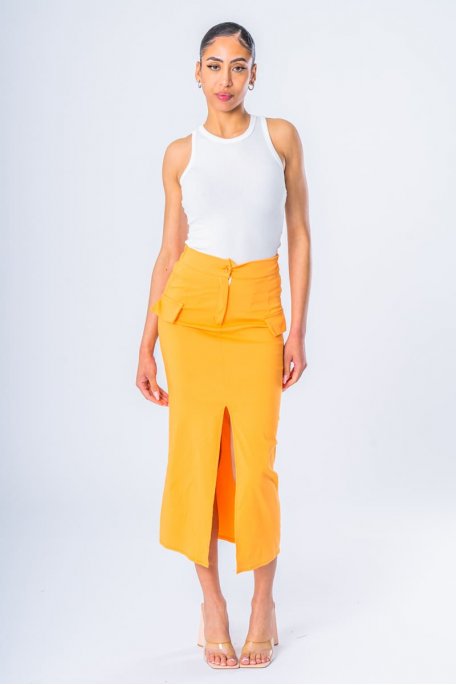 Orange faux pocket long slit skirt
