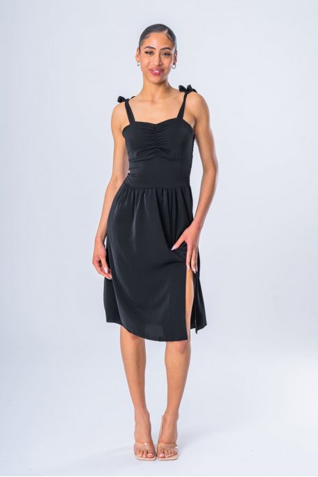 Gathered mid-length slit dress, black