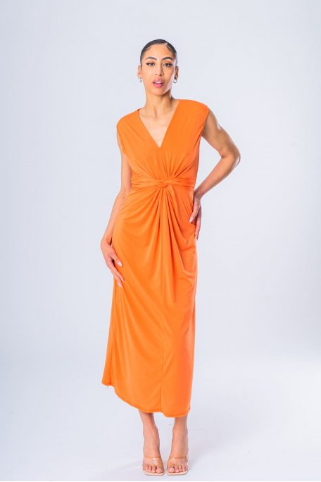 Langes, ärmelloses Ajourkleid mit Gürtel orange