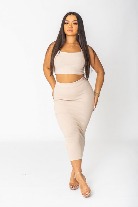 Beige ribbed crop top and skirt set