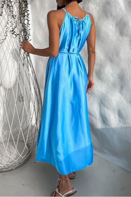 Blue openwork flowing maxi dress with thin straps