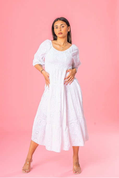 Long dress, broderie anglaise, white bardot collar