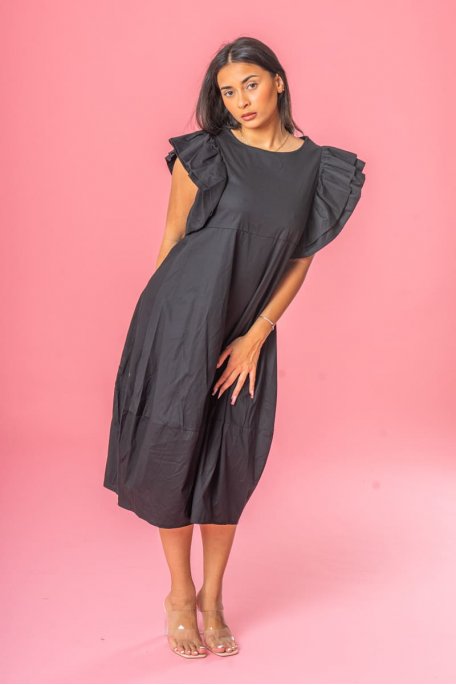 Robe mi-longue manches courtes à volants noir