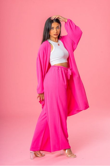 Set aus langer Strickjacke und fließender Hose in Rosa