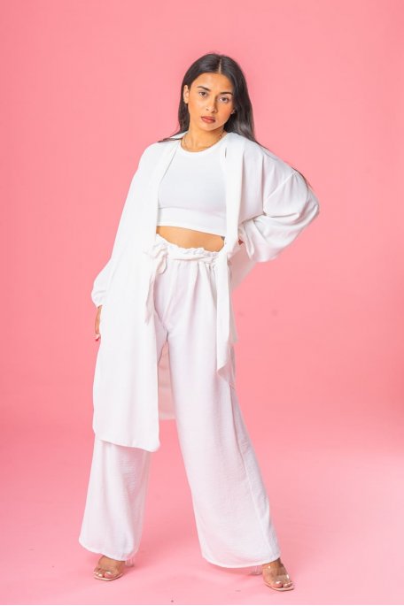 White long cardigan and flowing pants set