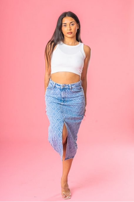Washed denim skirt with blue textured grid pattern